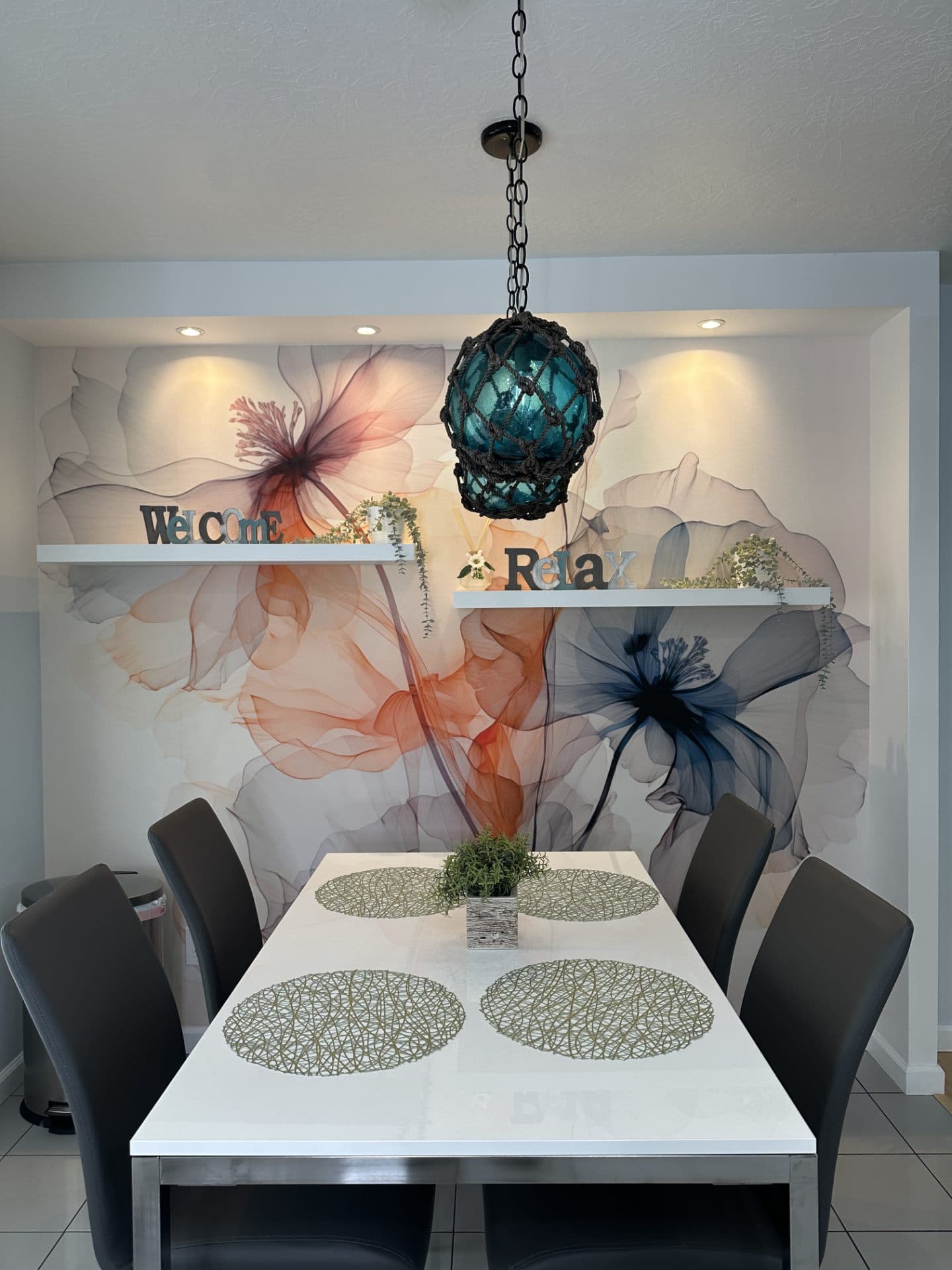 Commercial dining room with floral wallpaper