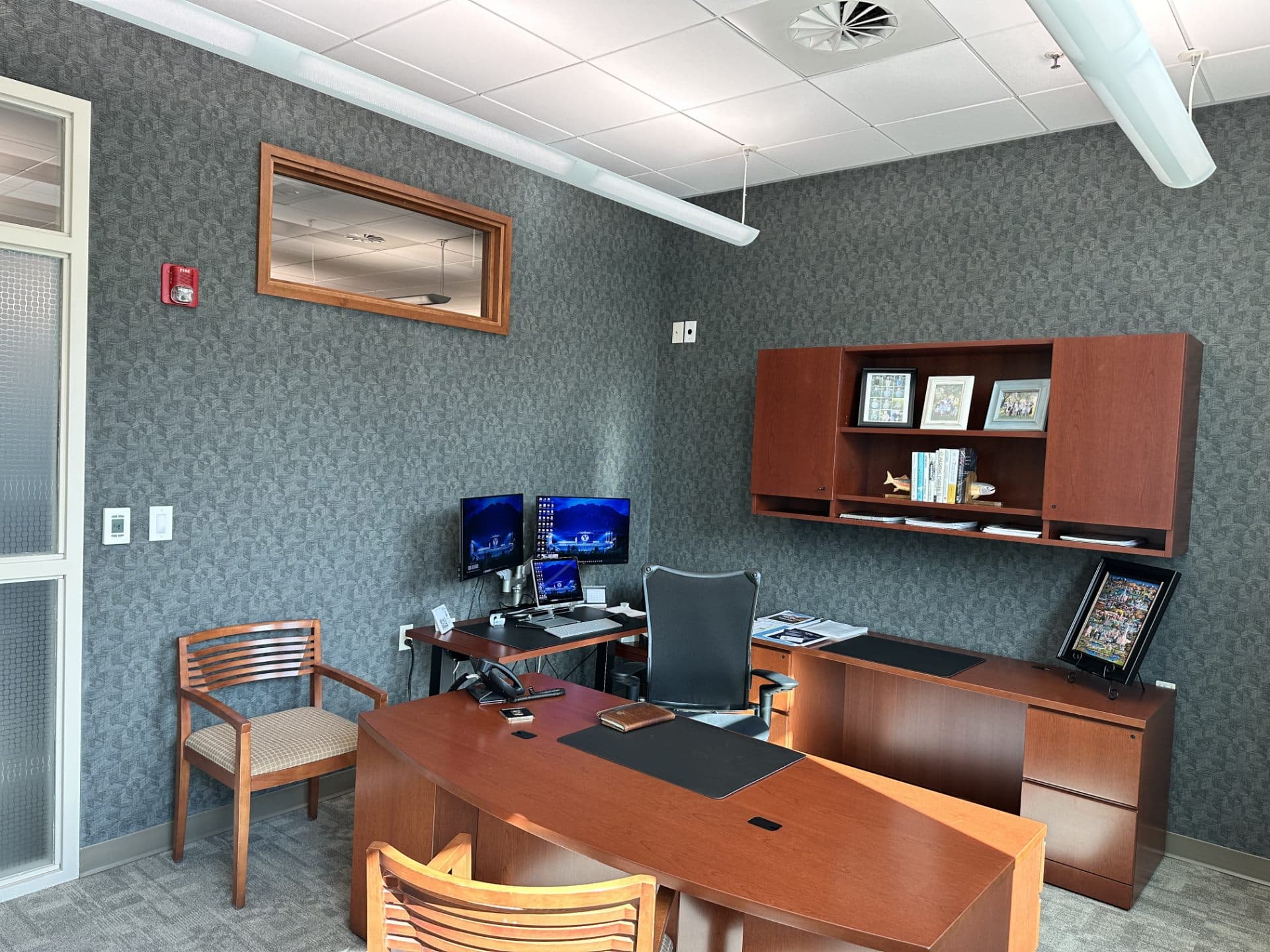 Executive office with wallpapered accent wall behind the desk