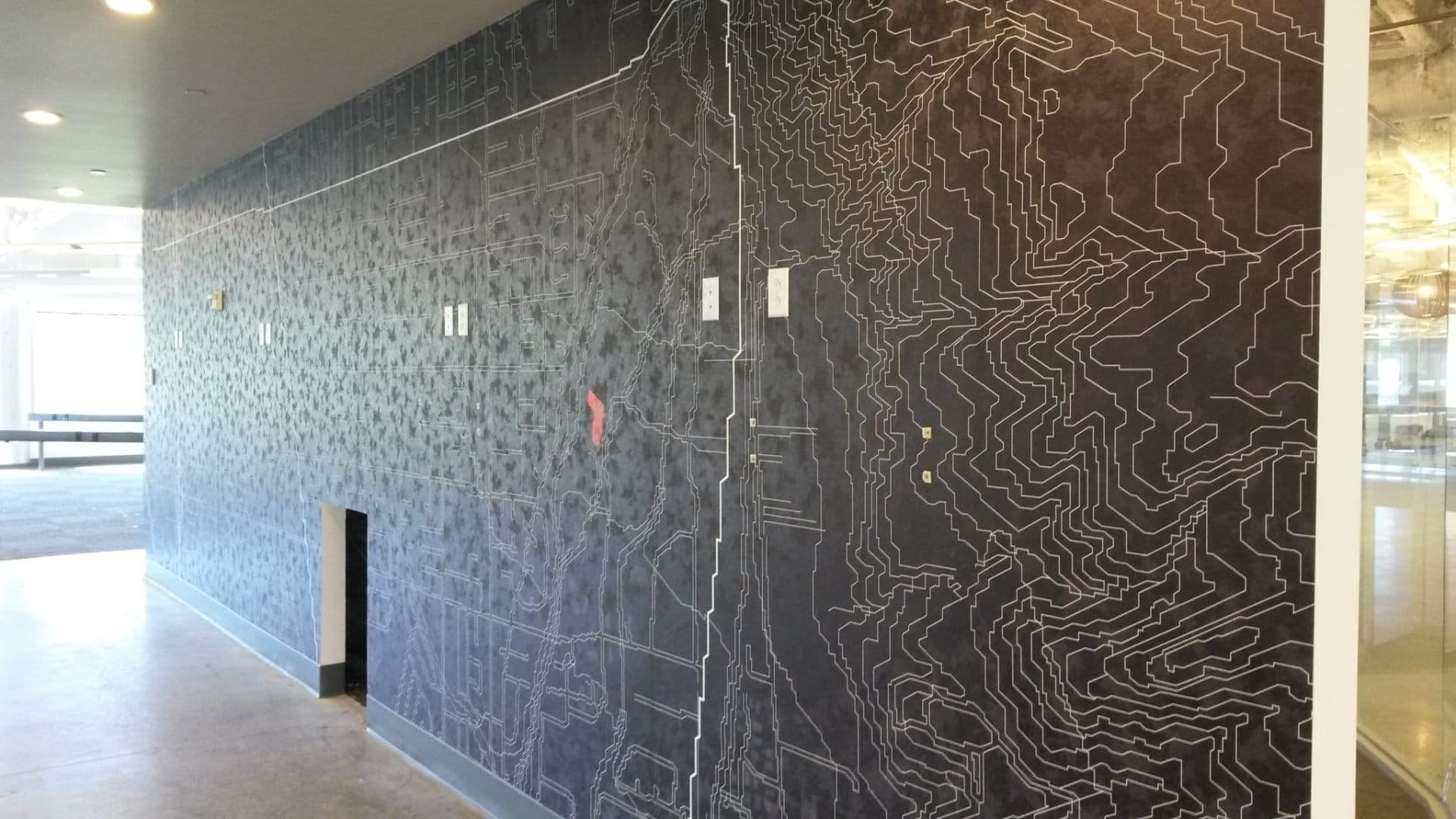 Office with topographic contour pattern across the wall