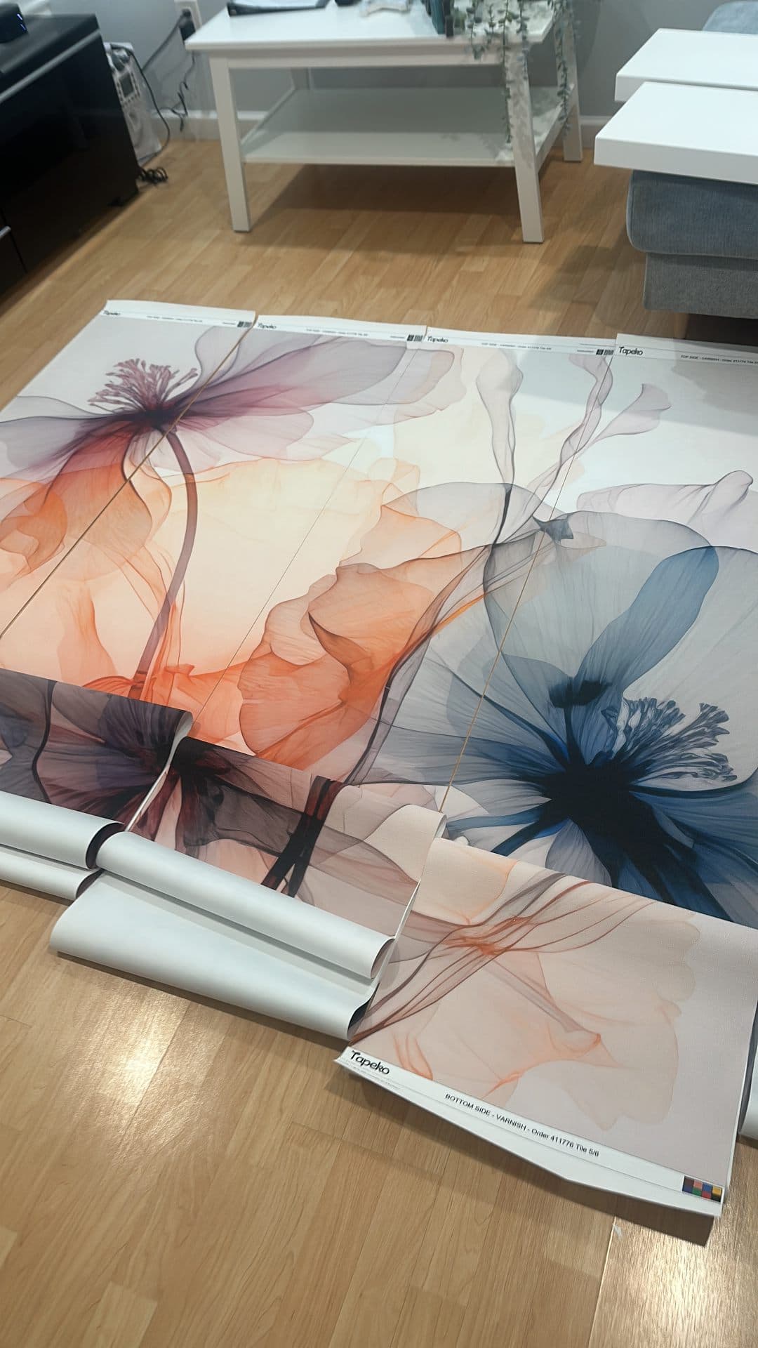 Abstract watercolor wallpaper with fabric swatches alongside