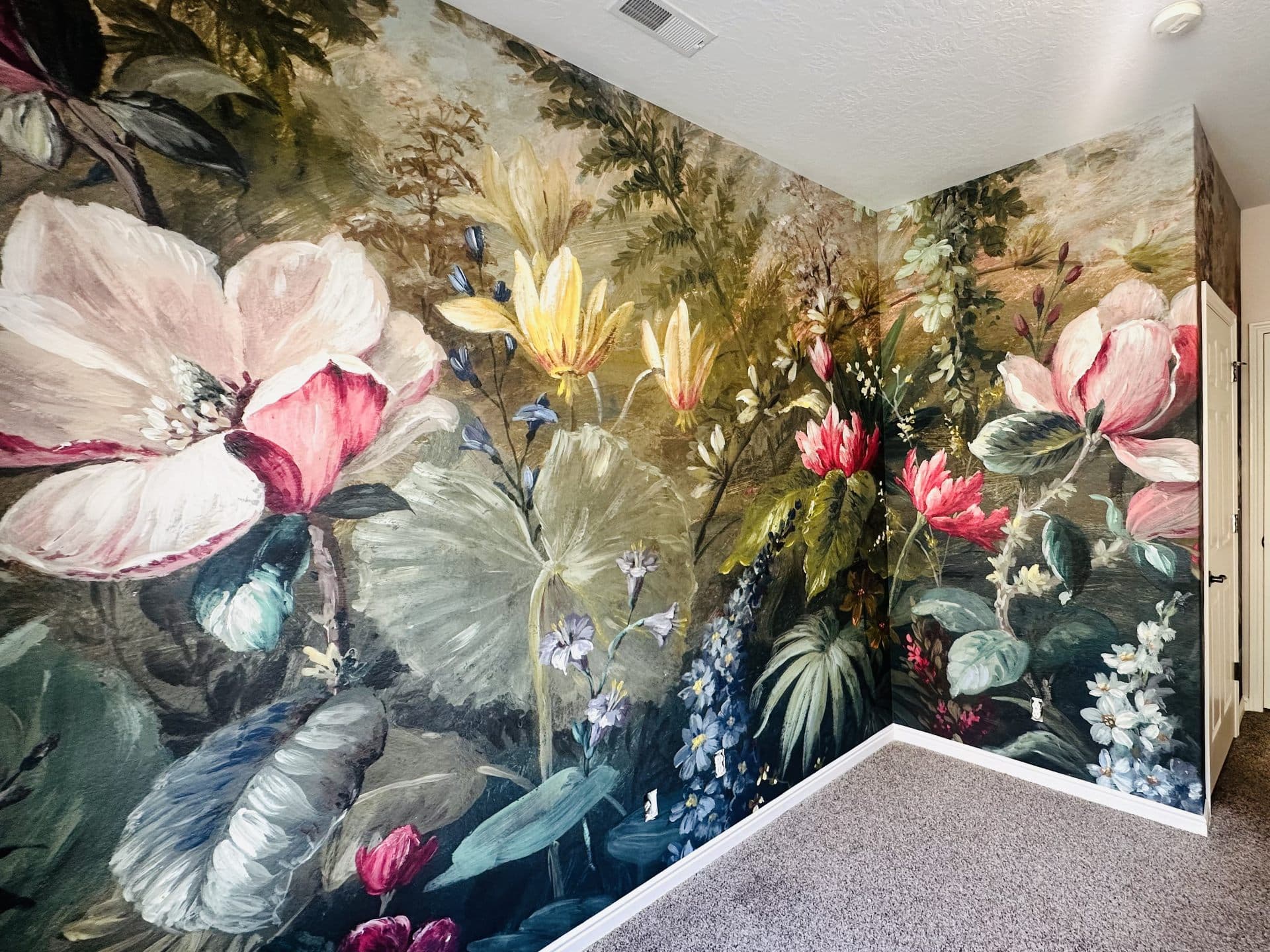 Commercial hallway with floor-to-ceiling floral botanical mural